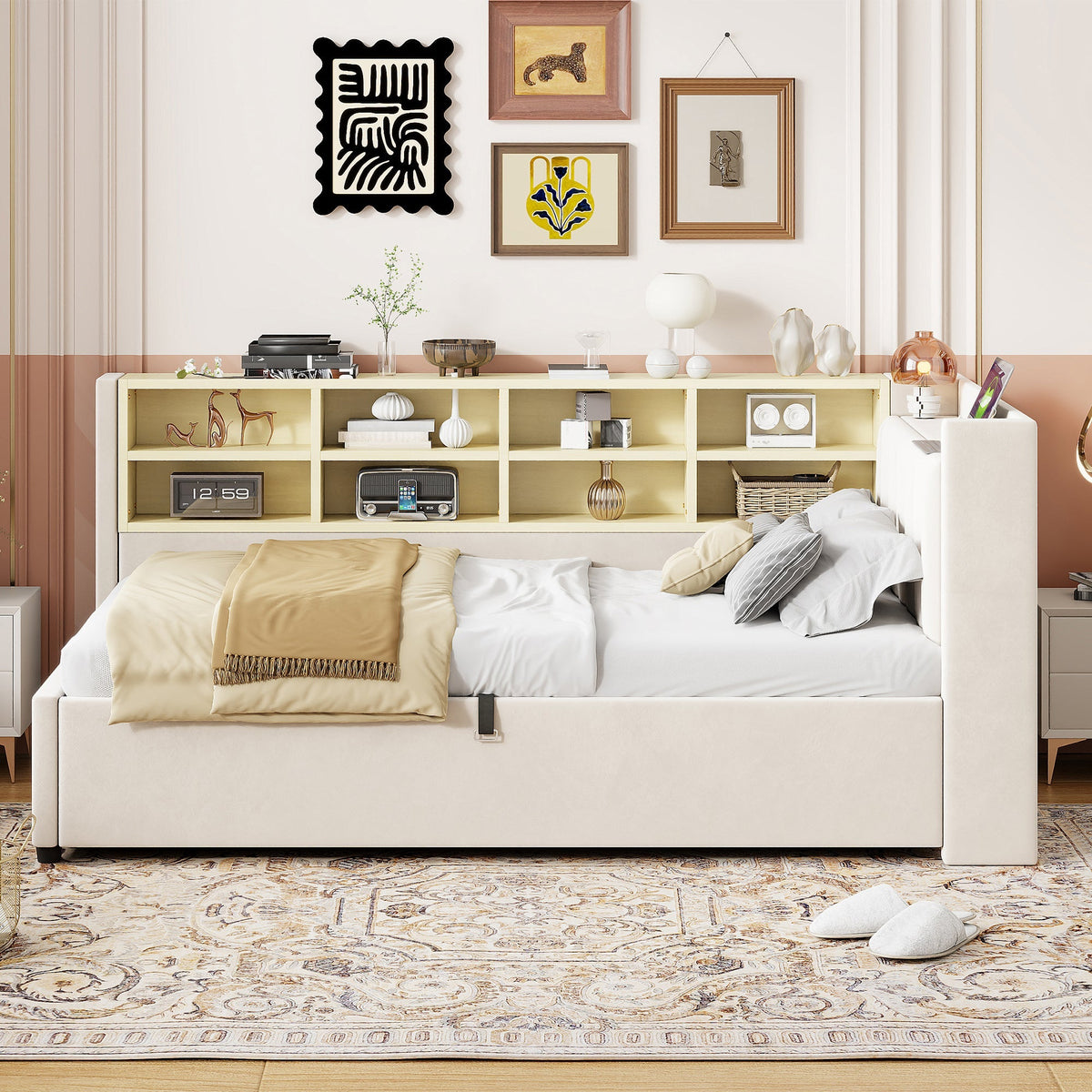 Sofa Bed, 90x200cm, Hydraulic Storage, Night Light, USB/Type-C, Velvet Beige