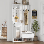 6-in-1 Coat Rack Shoe Cabinet, 8 Hooks, Shoe Bench, Compact Wardrobe Drawers/Shelves, White