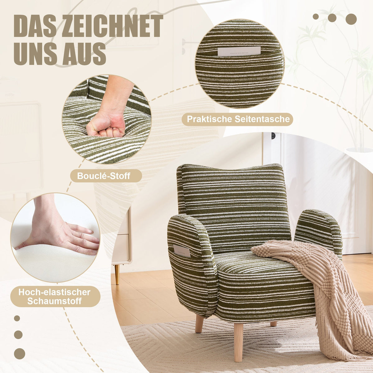 Modern Armchair with Side Pocket and Solid Wood Legs, Circular Pattern Fabric