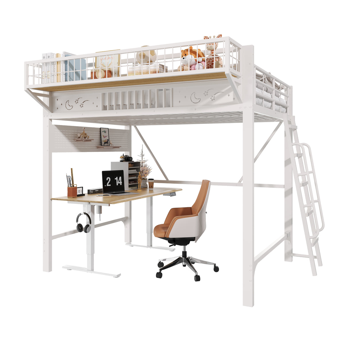 Loft Bed 140x200cm with Storage Compartments, Metal Frame, White