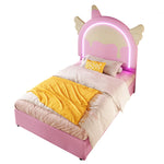 Upholstered Bed 90x200cm Unicorn Shape Light Strip 2 Drawers - PU Pink