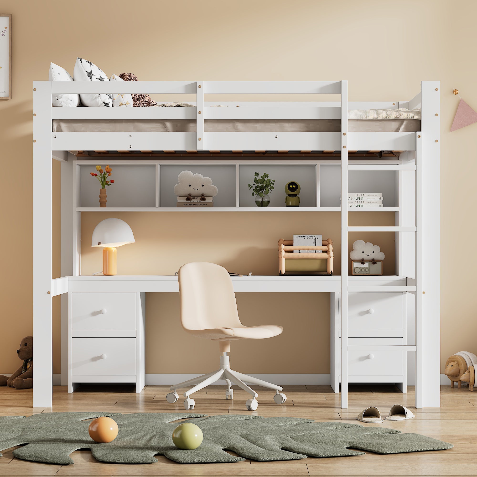 Loft Bed for Children with Desk and Storage, 90x200cm, White Pine Wood