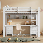 Loft Bed for Children with Desk and Storage, 90x200cm, White Pine Wood