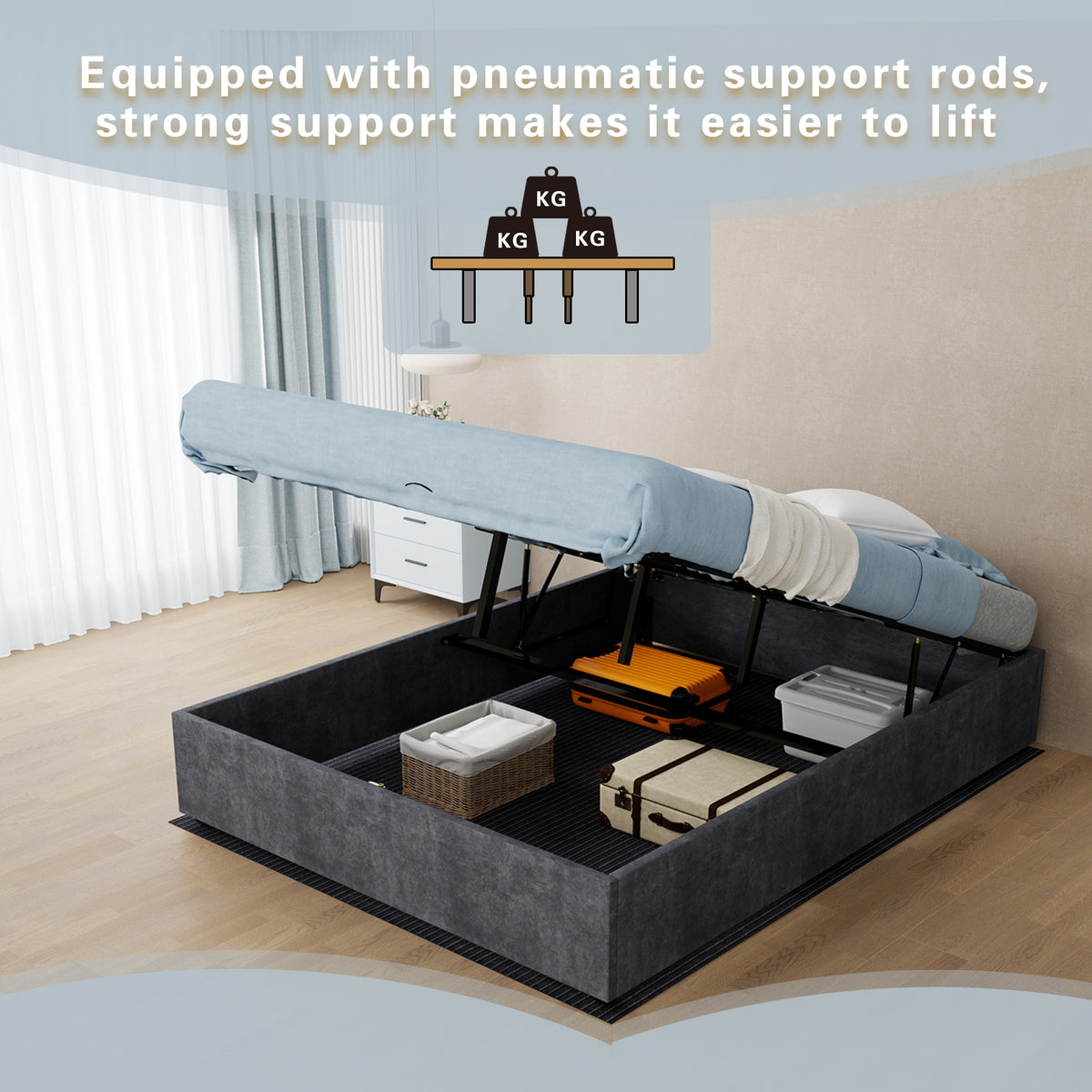 Bed Frame 140x200cm with Gas Lift & Mattress, Grey Dutch Velvet