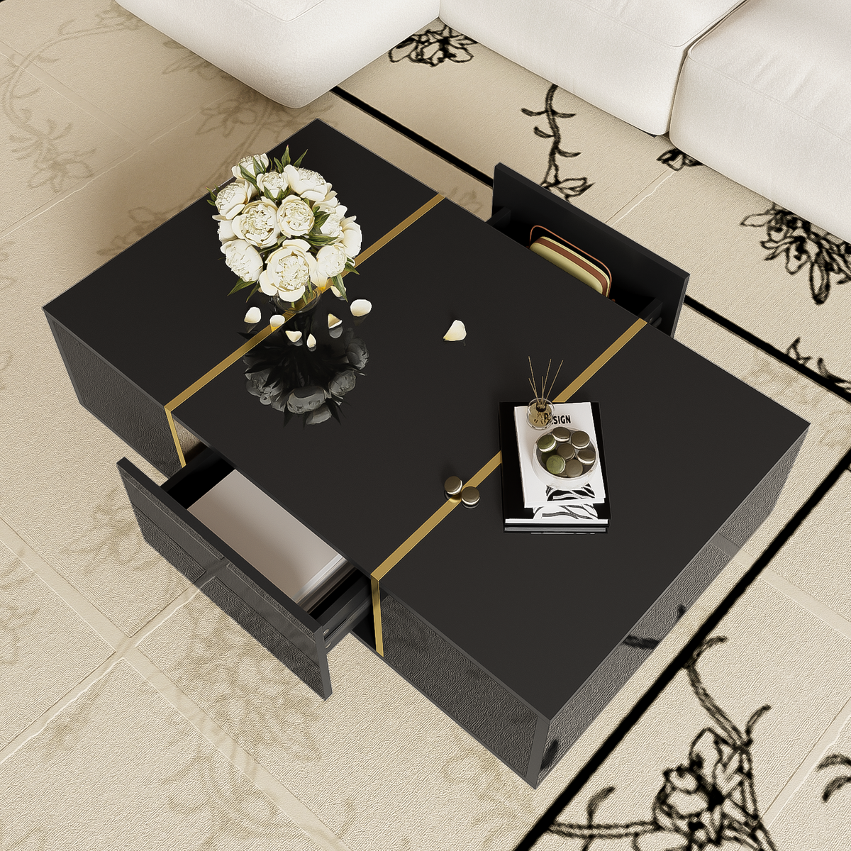 Modern Coffee Table, High Gloss with 2 Drawers, Black