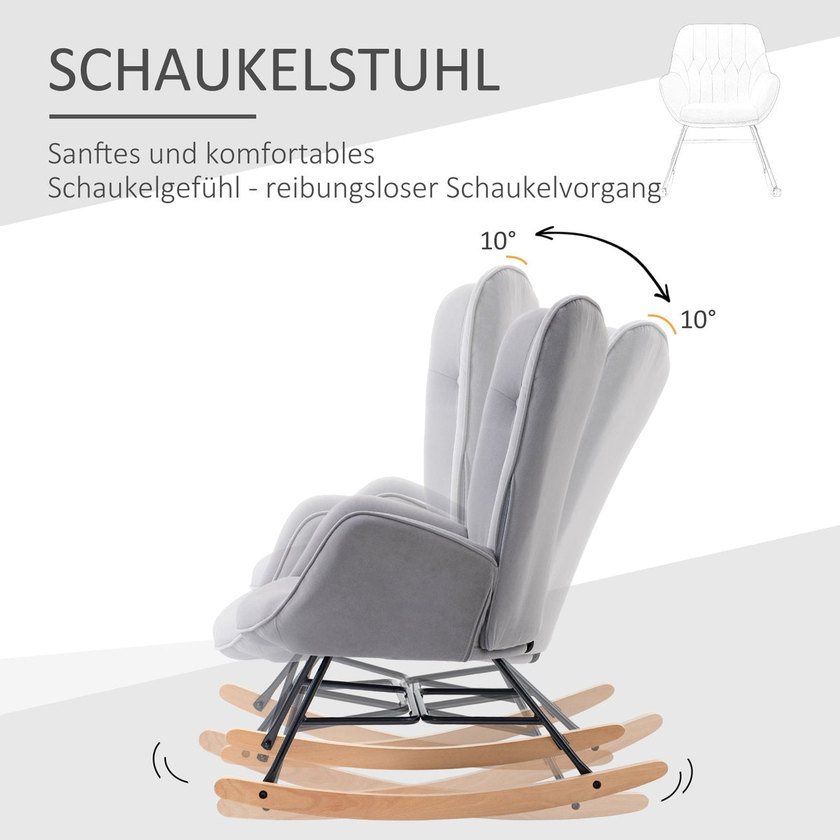 Rocking Chair, Ergonomic Swing, Nursing, Velvet Look, Light Grey