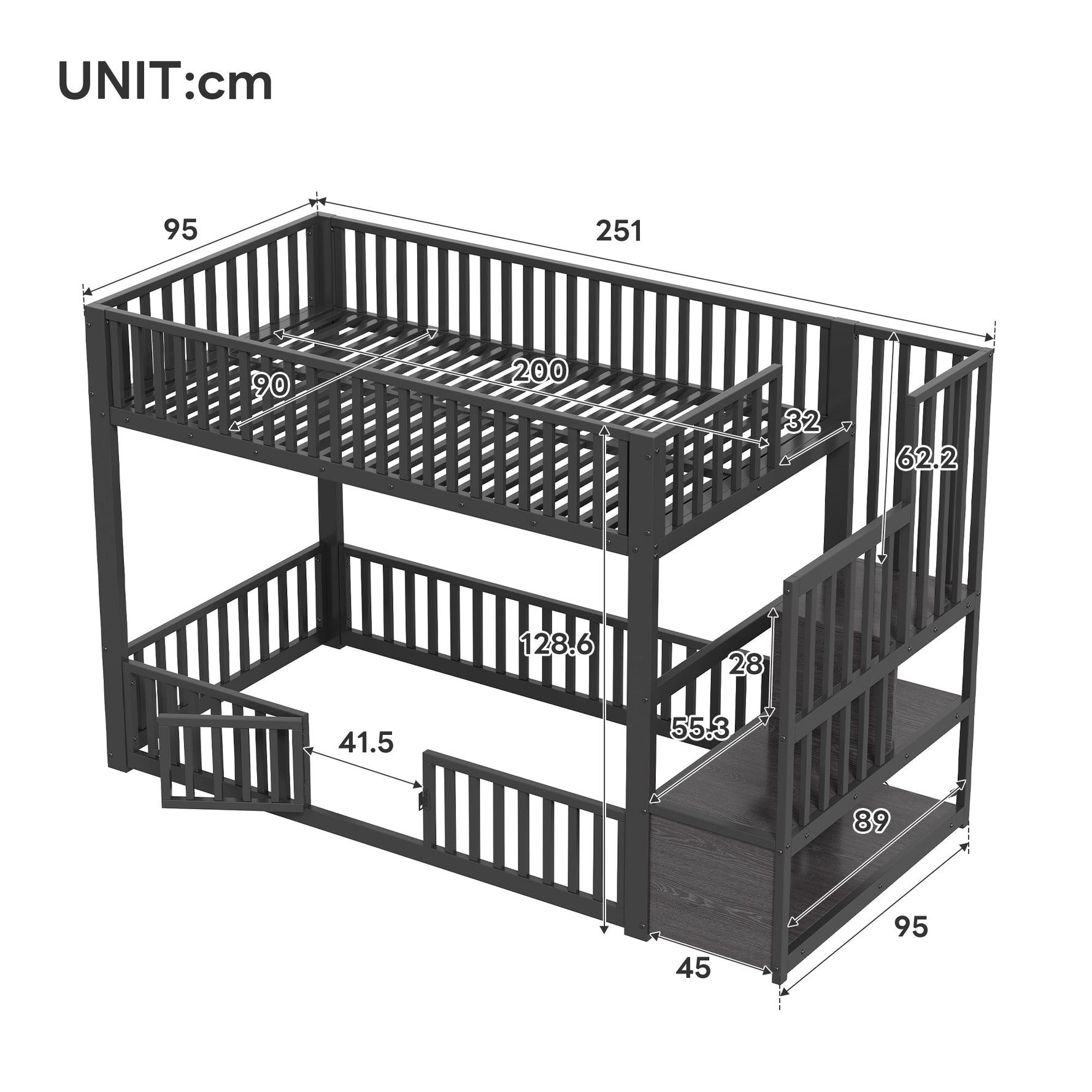 Bunk Bed with Storage Ladder and LED, 90x200cm, Black Metal