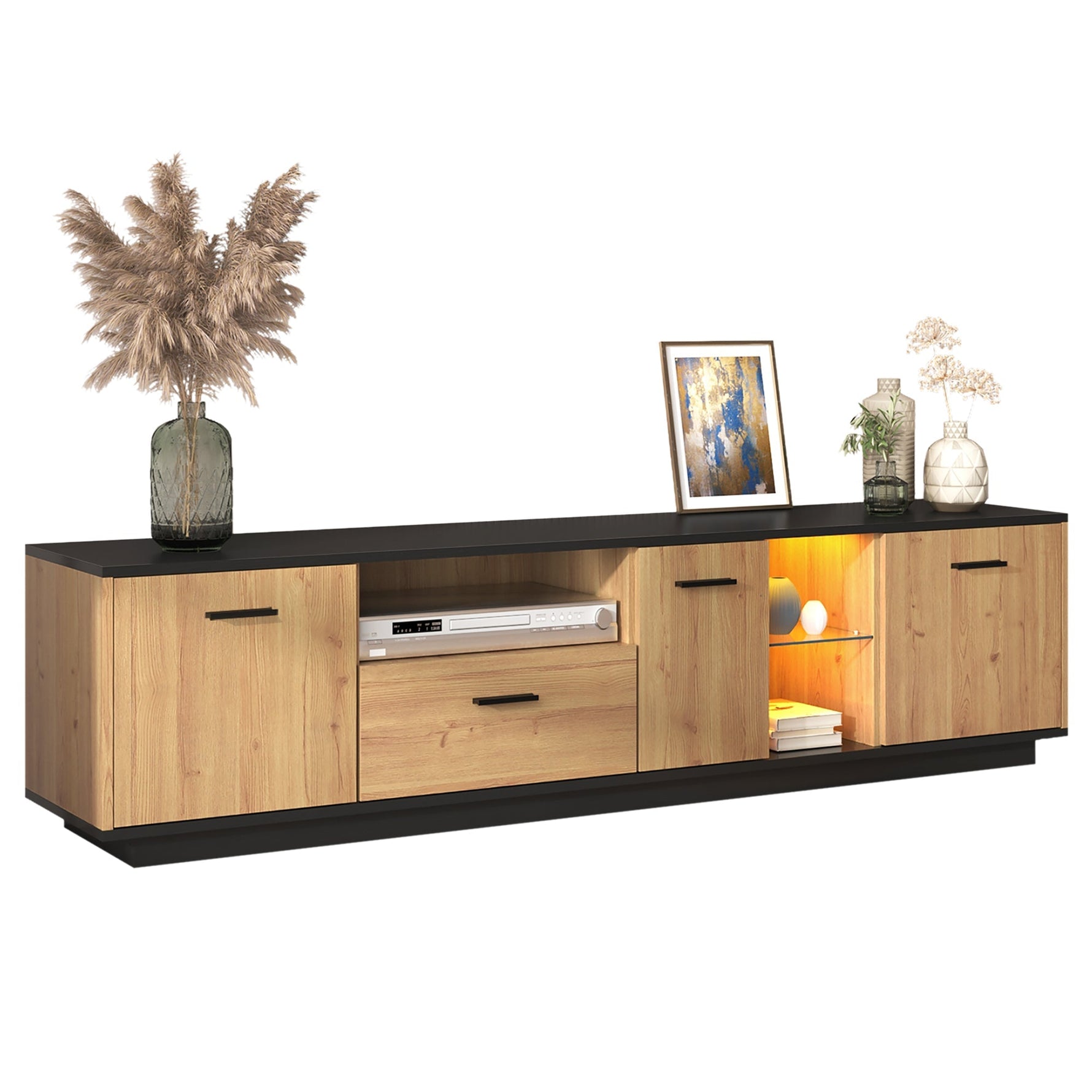 TV Cabinet 1 Drawer 3 Doors Glass Compartments Fine Texture 16 LED Lights, Black/Natural Wood