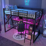 Loft Bed 90x200cm with Desk & LED Strip, Black Iron Frame