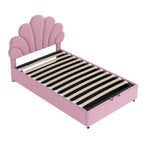 Upholstered Double Bed 90x200cm Floral Headboard Hydraulic Storage Velvet Beige/Pink