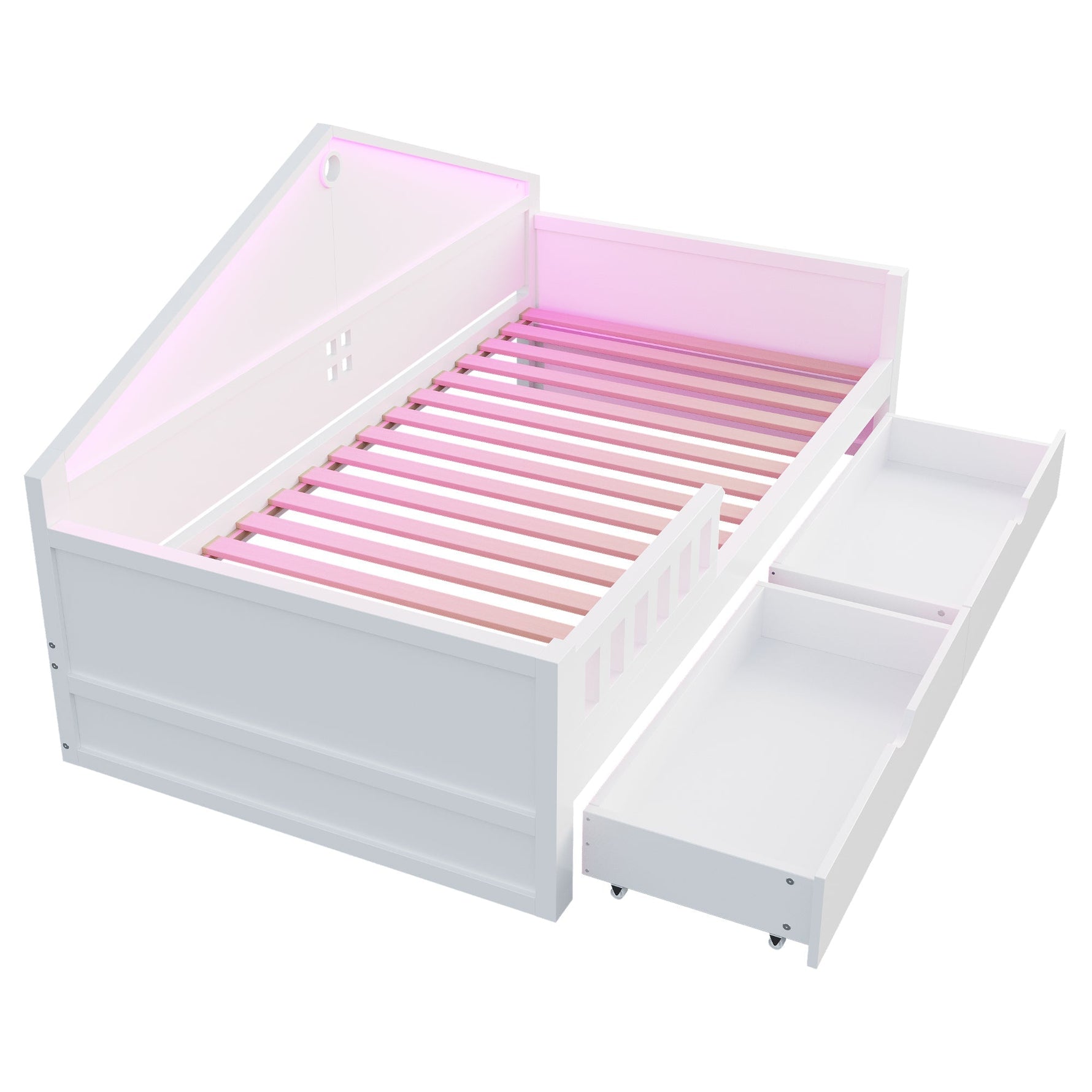 Children's Bed 90x200 cm with LED Light Strip and Storage Drawers, White
