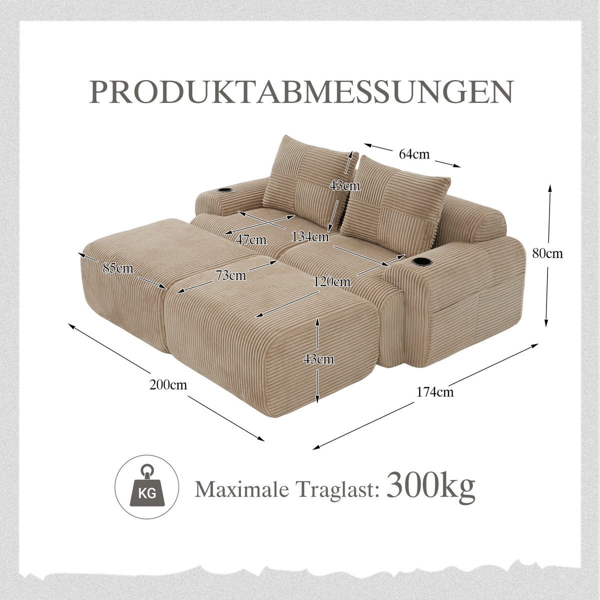 Modular Sofa 2-Person 2 Ottomans Cup Holder Storage Corduroy Khaki