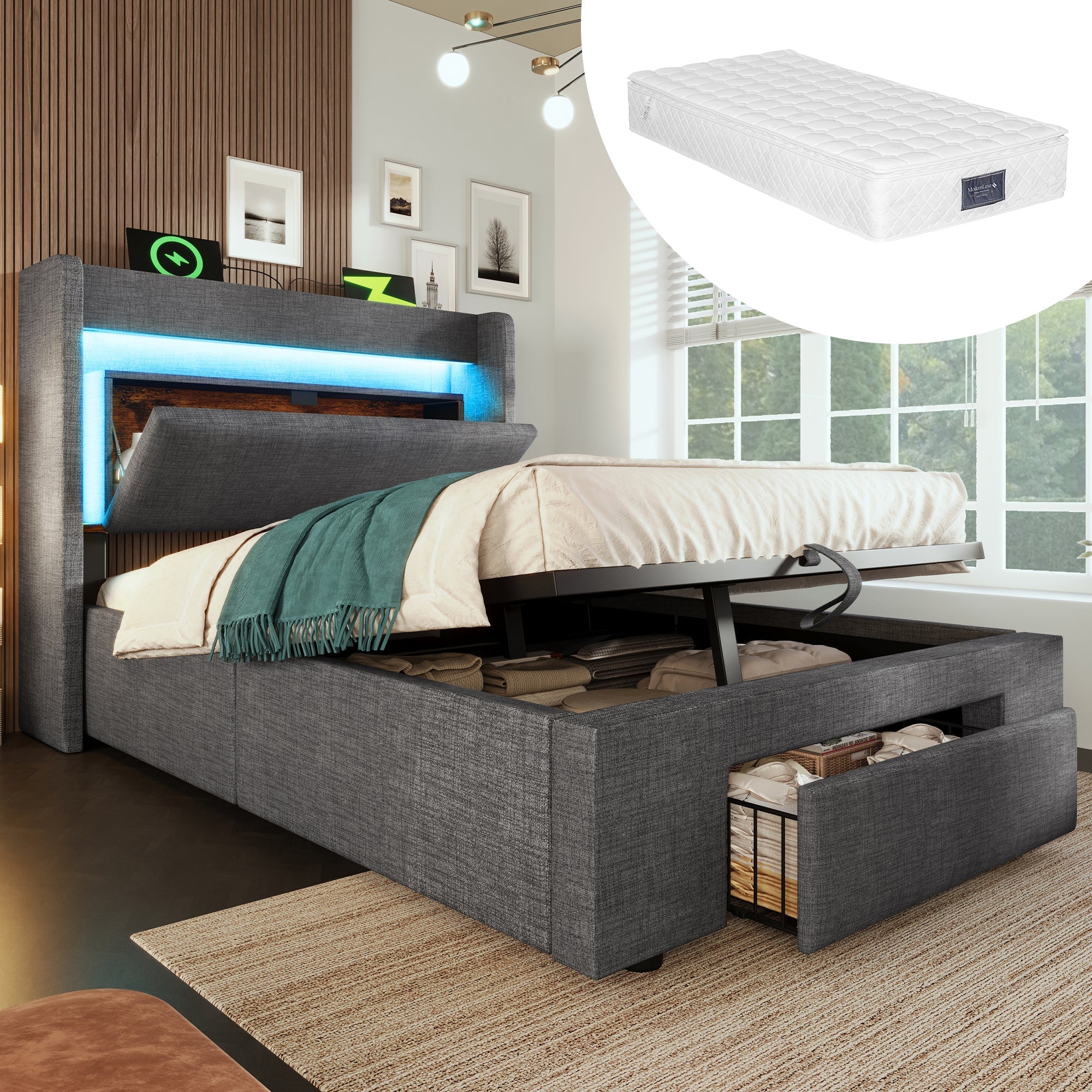 Upholstered Bed 90x200cm Hydraulic Storage Headboard LED USB/Type-C Ports Linen Grey (With Mattress)