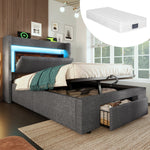 Upholstered Bed 90x200cm Hydraulic Storage Headboard LED USB/Type-C Ports Linen Grey (With Mattress)