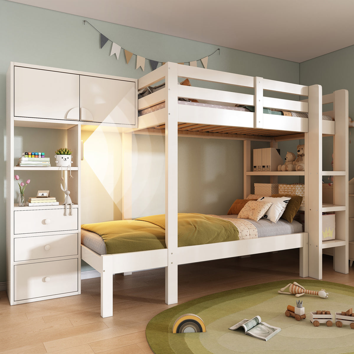 Bunk Bed 90x200 cm with Wardrobe & Storage Drawers, White