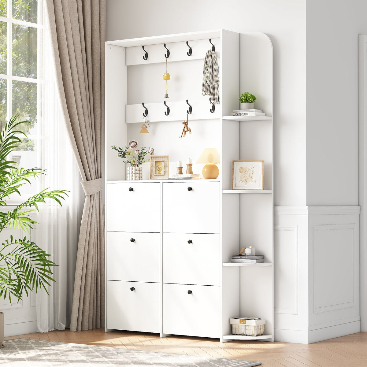 Hallway Cabinet 3-in-1 Shoe Cabinet 8 Hooks 5 Shelves - White