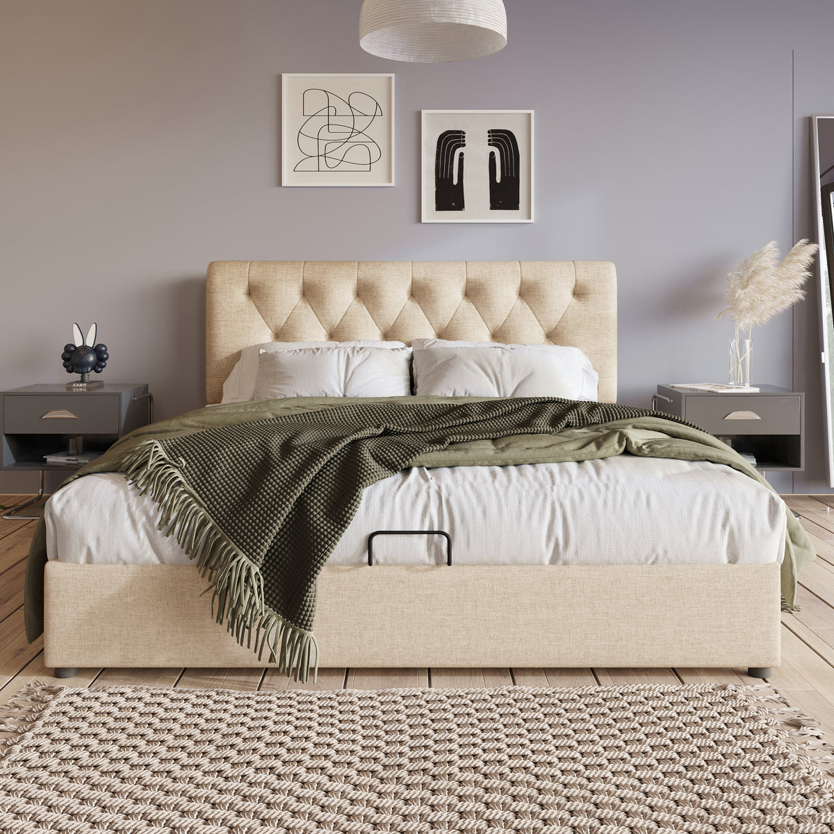 Hydraulic Upholstered Bed 140x200cm with Storage, Natural