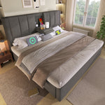 Upholstered Double Bed 140x200cm Hydraulic Storage Cup Holder Charging Station Linen Grey