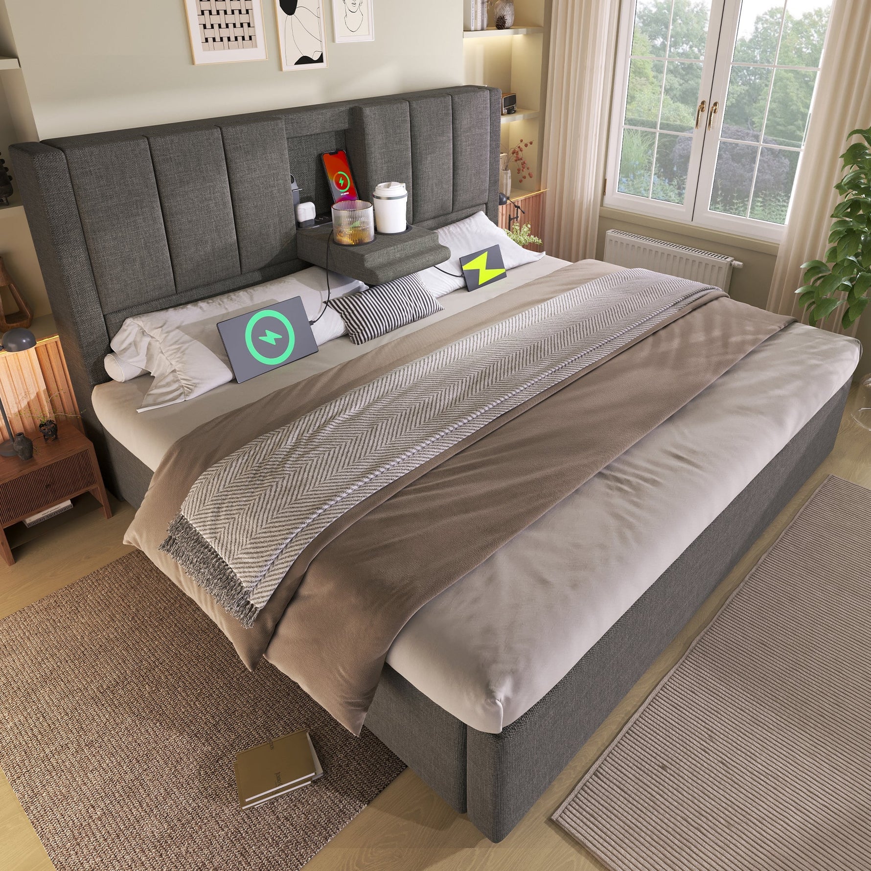 Upholstered Double Bed 140x200cm Hydraulic Storage Cup Holder Charging Station Linen Grey