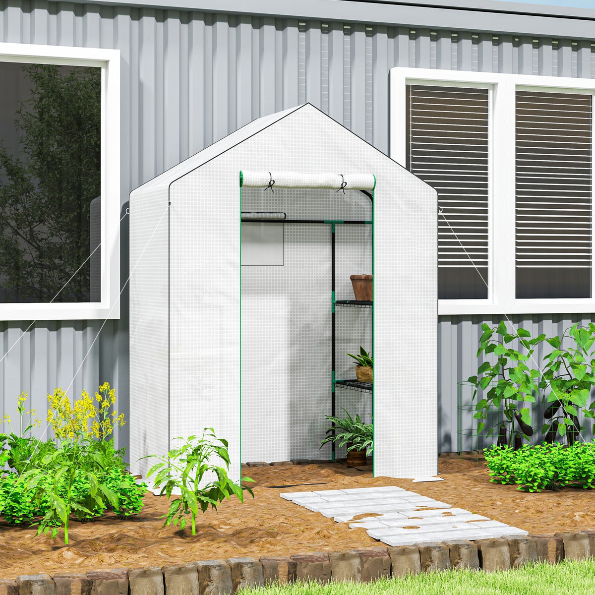 Greenhouse, Roll-Up Door, Window, Shelves, 143x74x190cm, White