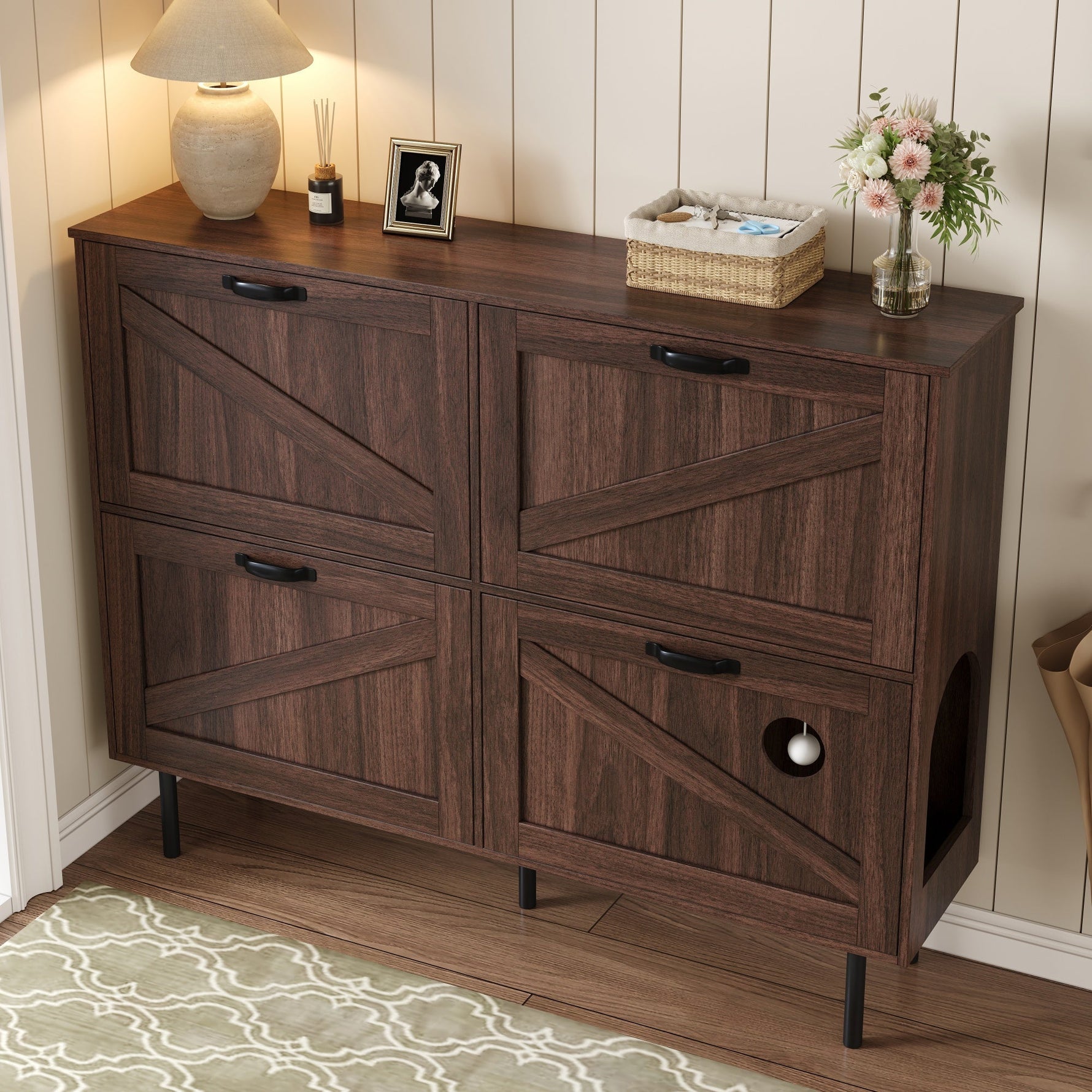 Narrow shoe cabinet with 3 flaps and pet toy storage, for hallway use