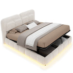 Upholstered Double Bed 140x200 Light Strip Storage Beige Velvet