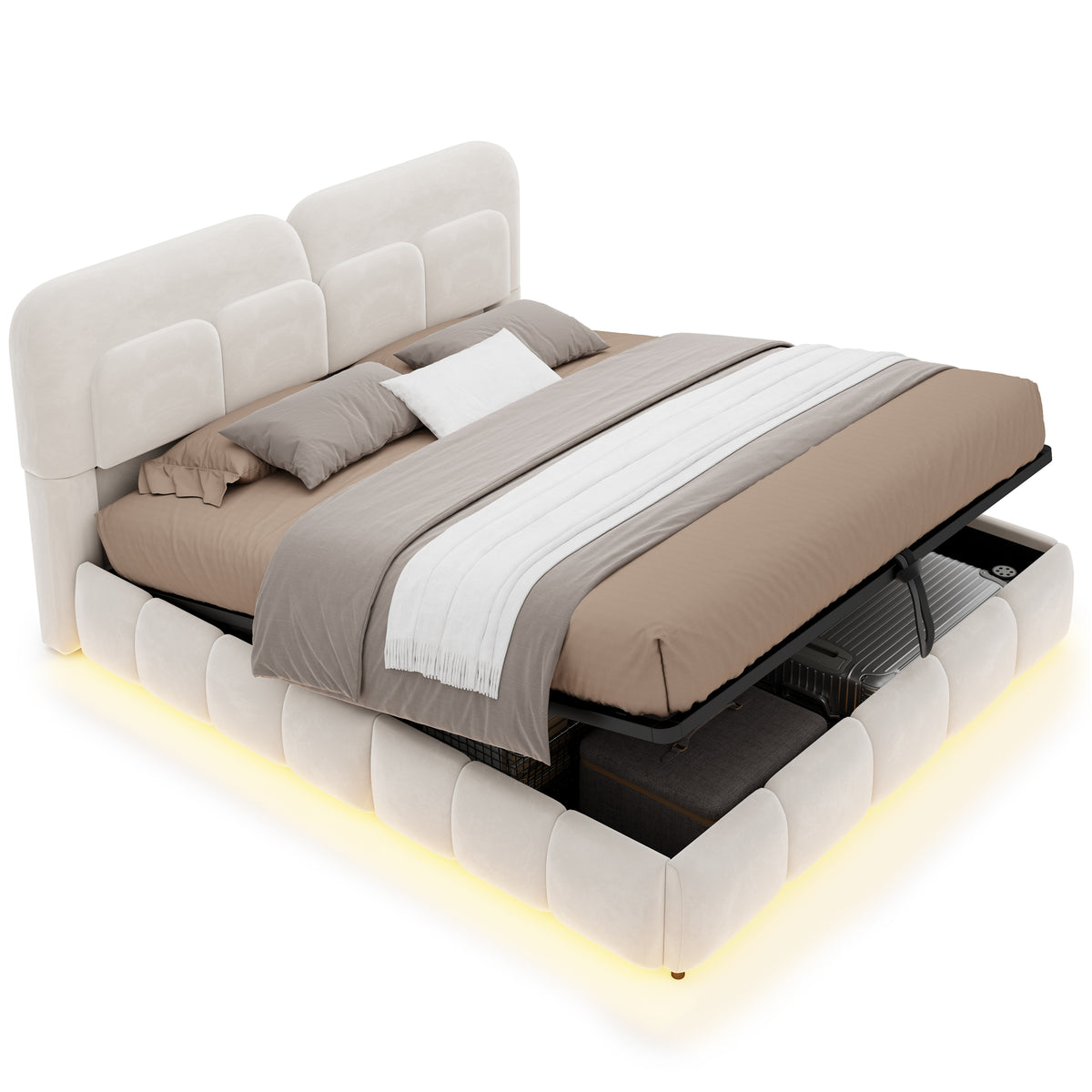 Upholstered Double Bed 140x200 Light Strip Storage Beige Velvet