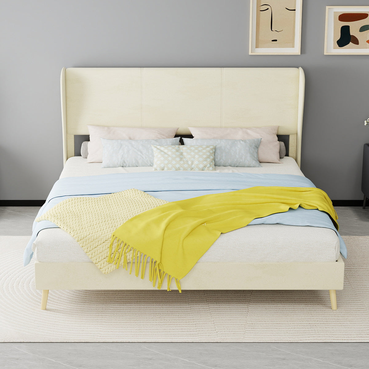 Upholstered Bed with Soft Headboard & Mattress, 160x200cm, Beige