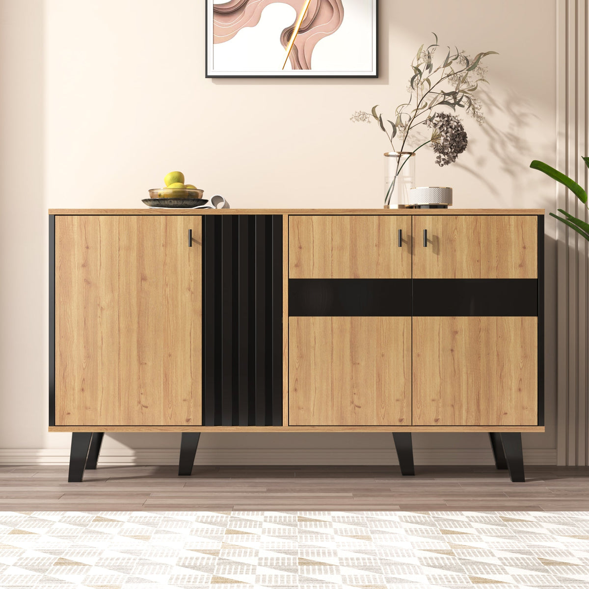 Sideboard, 140x78.5x41 cm, LED Lighting & Glass, Wood and Black