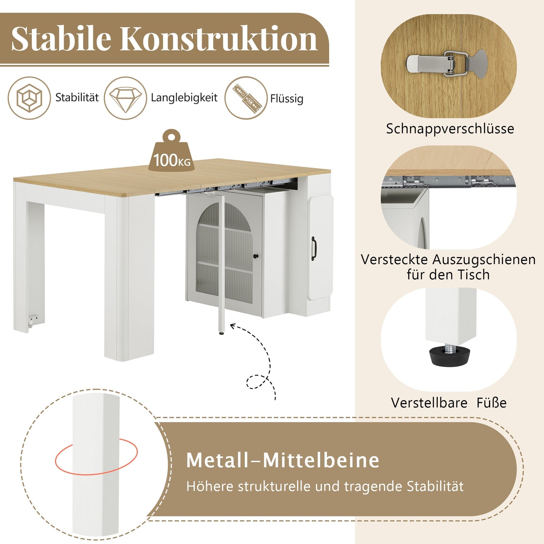 Mobile Kitchen Island Extendable Table Removable Top Power Strips - White