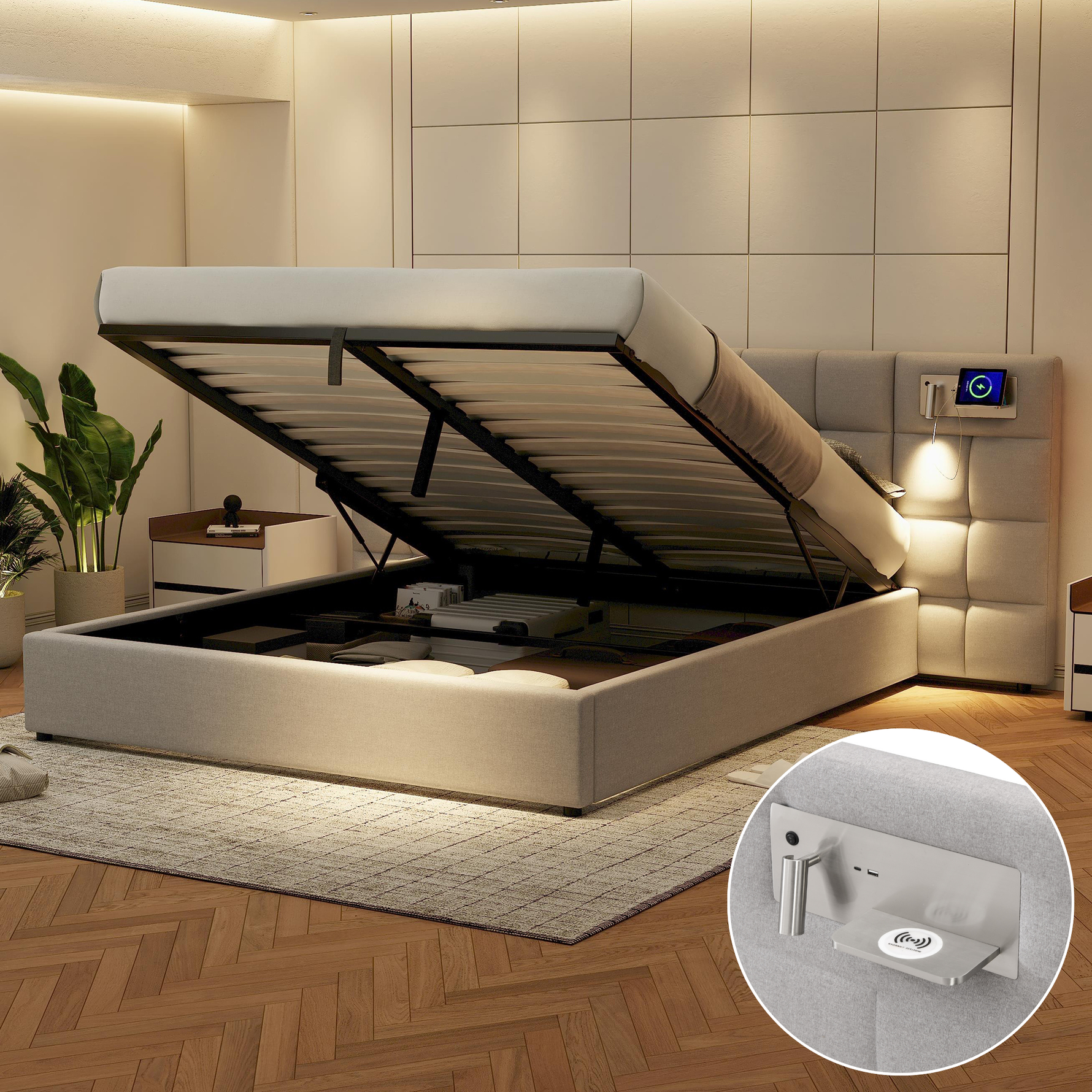 Upholstered Bed 180x200cm Hydraulic Storage USB Wireless Charging Lamp - Linen Grey