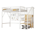 Iron Loft Bed, 90x200 with LED, Storage Stairs, Open Wardrobe, Black and White Metal
