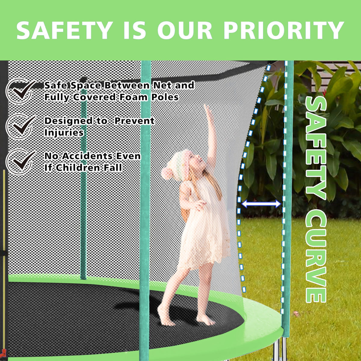 8FT Trampoline with Safety Net and Ladder, 181kg Capacity, Green