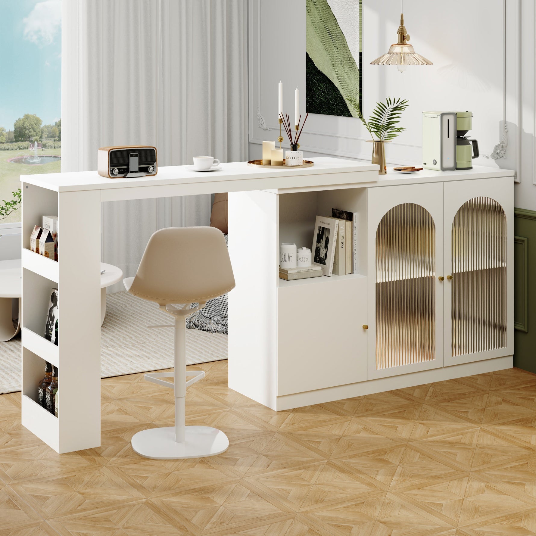 Bar Table, 360° Rotating Dining Cabinet with Glass Door, White
