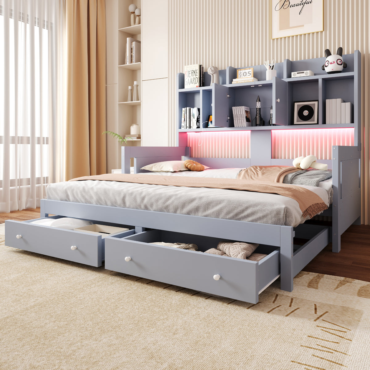 Extendable Sofa Bed with Storage & LED Lighting, Grey Wood