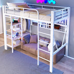 Loft Bed with Storage Compartment, LED Light Strip and Clothes Rail, White Iron Frame