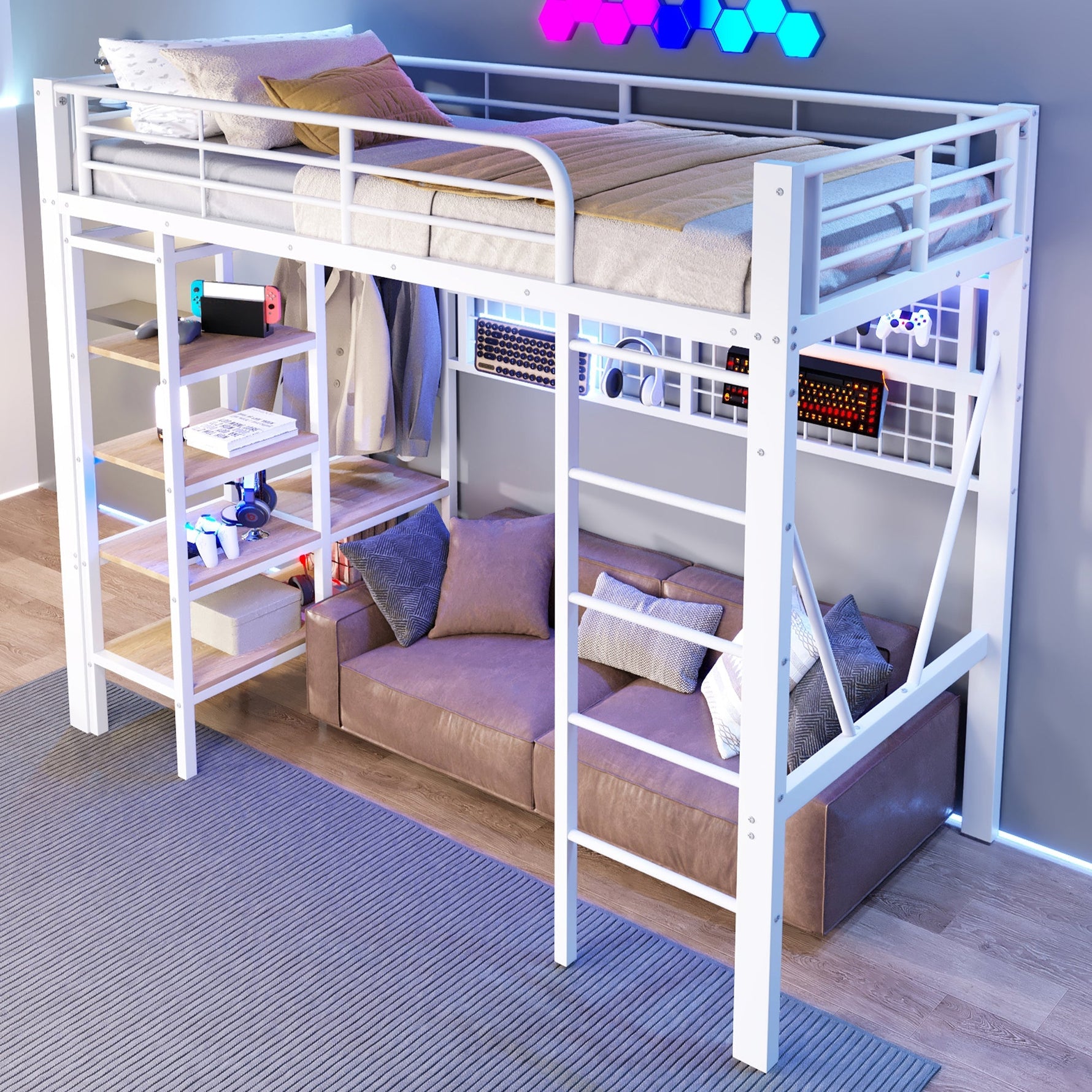 Loft Bed with Storage Compartment, LED Light Strip and Clothes Rail, White Iron Frame