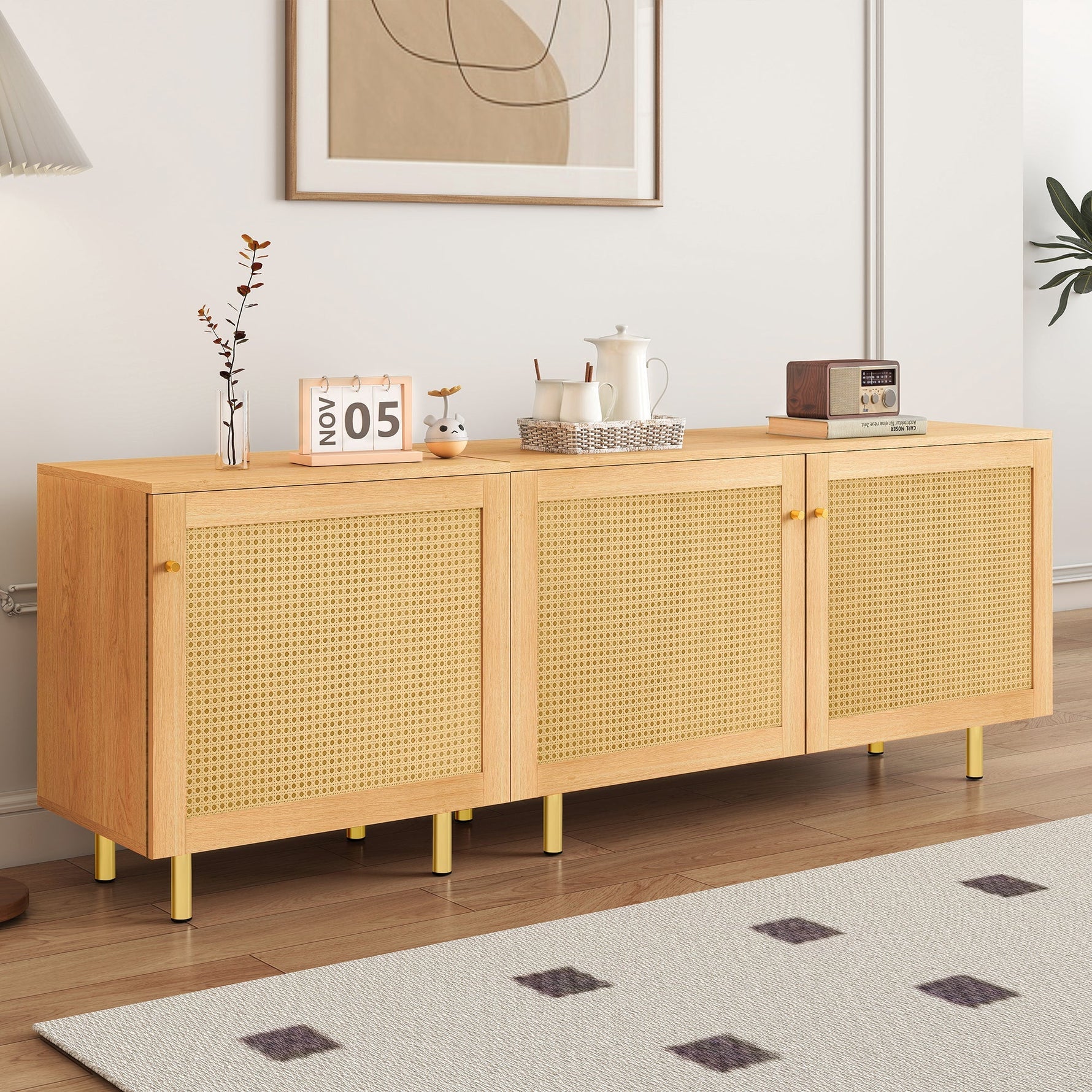 Modular Storage Cabinet Sideboard, 3-Door Rattan Rustic 180cm, Natural Wood Look
