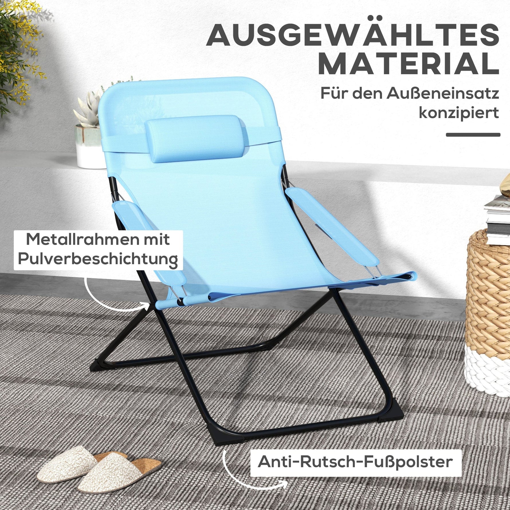 Folding Chair Adjustable Backrest Camping Pillow Mesh Blue