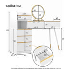 Dressing table with extendable tabletop, 6 drawers, gold handles, LED mirror, dimmable light, white