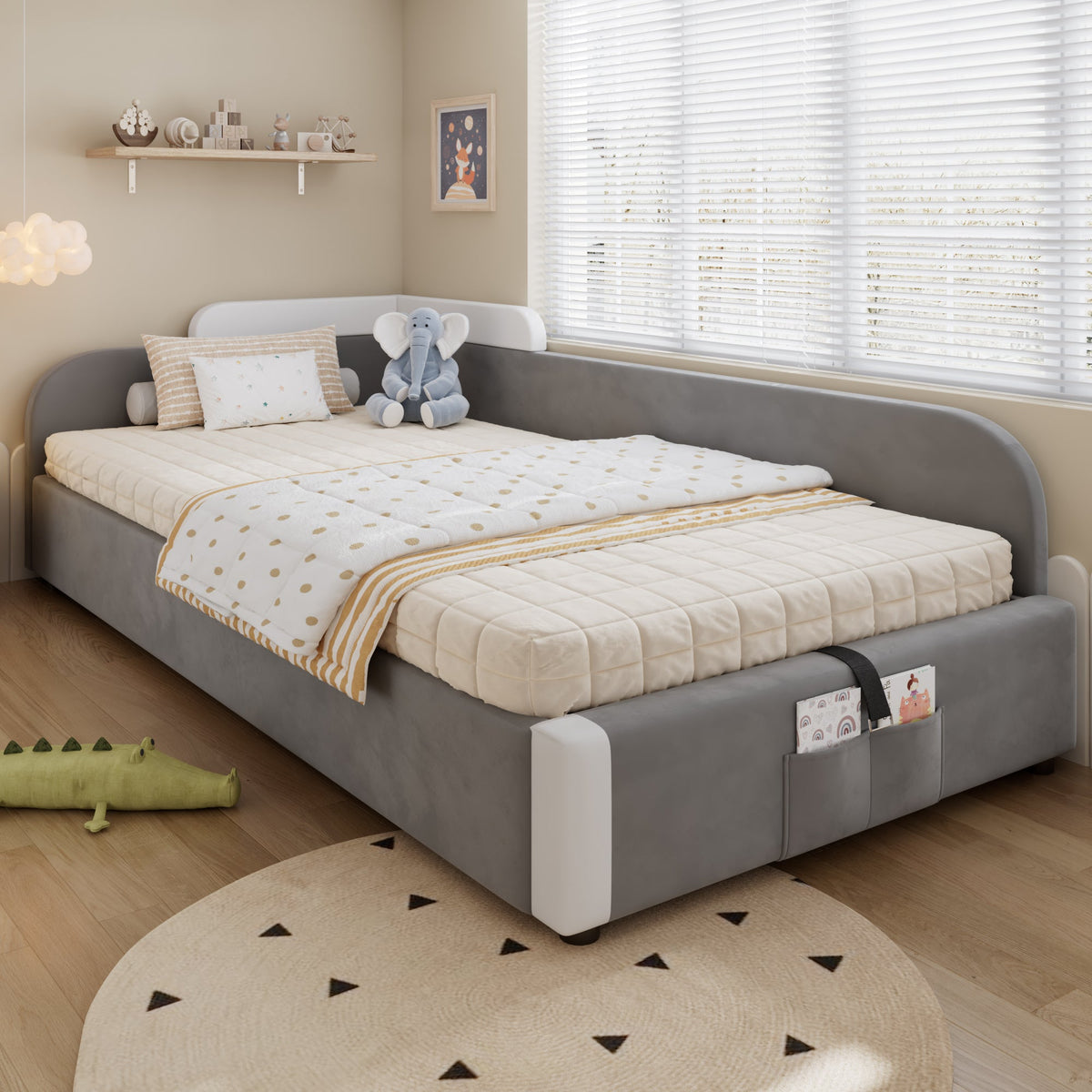 Hydraulic Bed, Storage Space, Raised Soft Fence, Velvet + Plywood, Grey