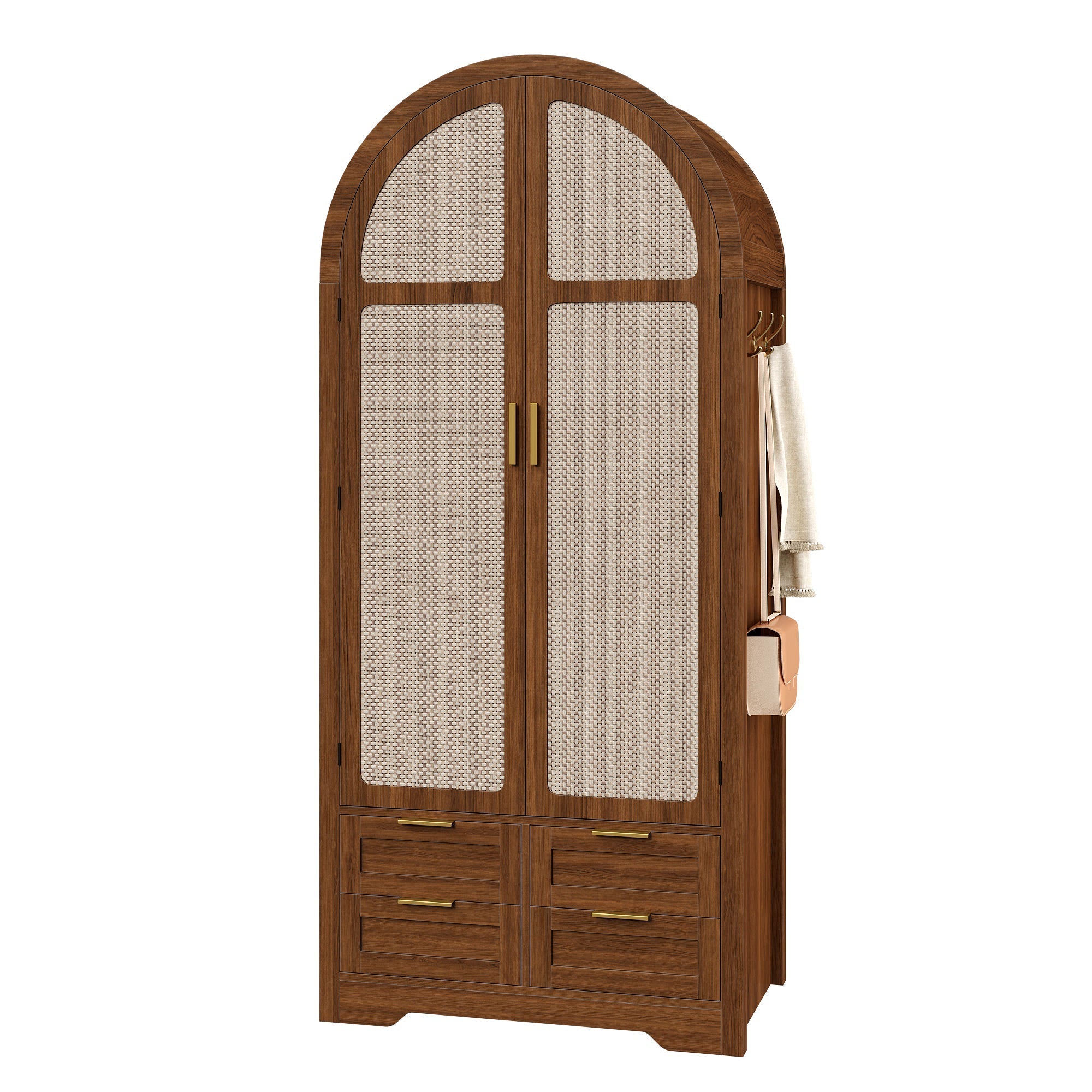 Modern Wardrobe with Curved Doors, Clothes Rail and Drawers, Walnut MDF