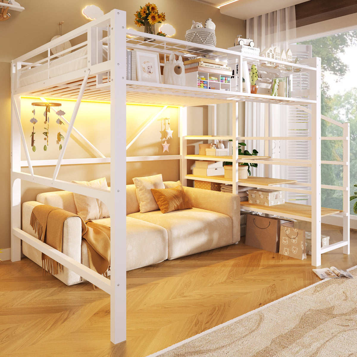 Loft Bed 140x200cm with LED Lights & Storage - White Metal