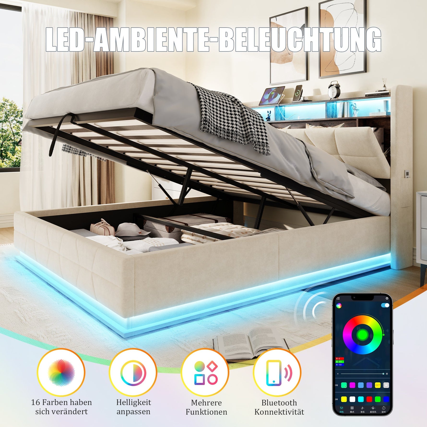 Multifunctional Bed with LED Lighting, Storage Headboard and USB Charging Station, 140x200cm, Beige