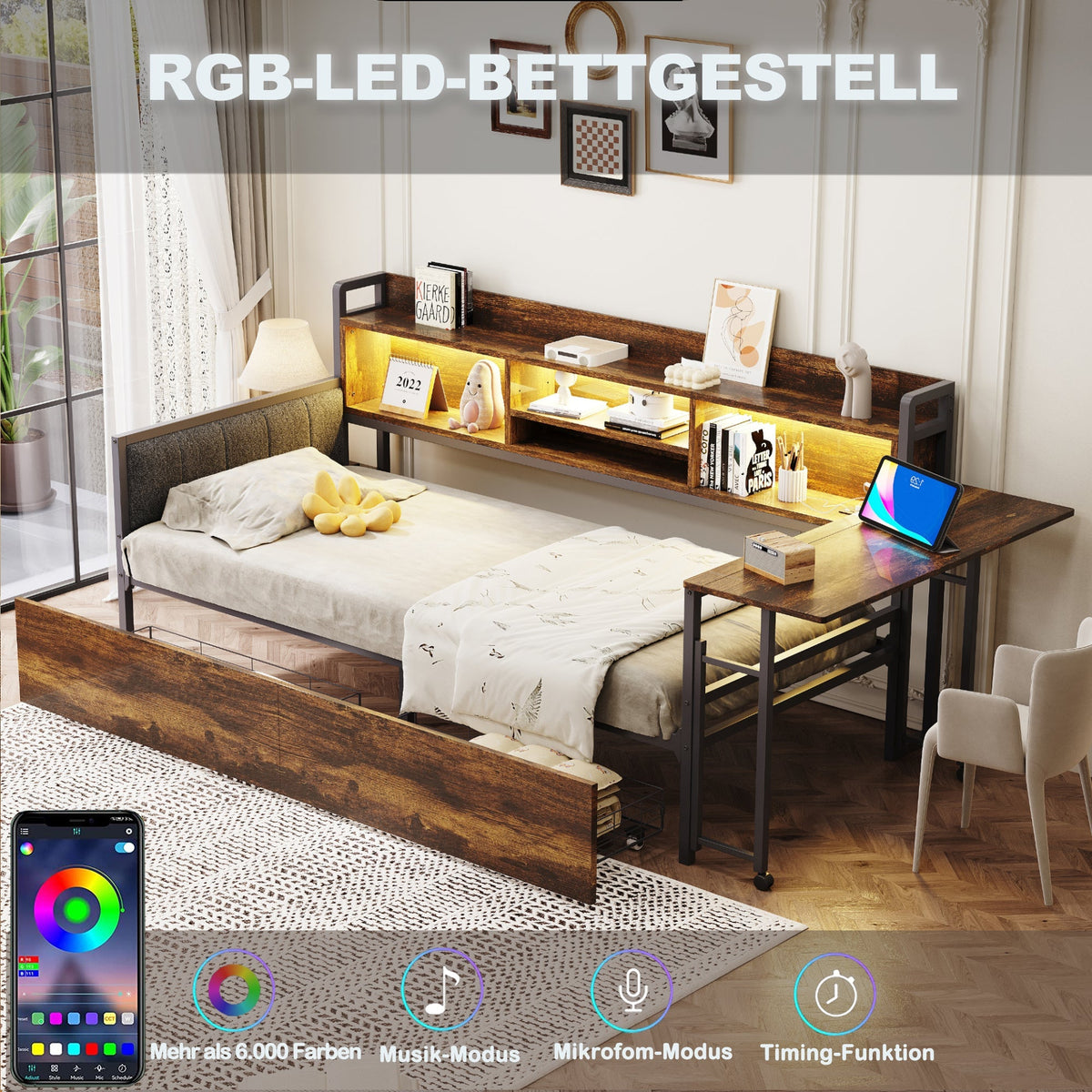 Iron Sofa Bed 90x200cm LED Storage Drawers Fold-Out Desk, Wood Color