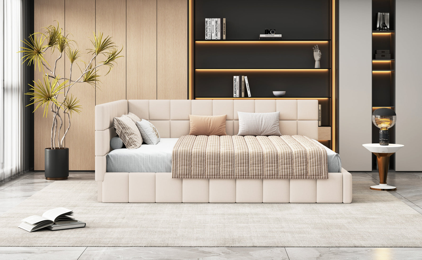 Upholstered Bed Sofa Bed 160x200 Multifunctional Slatted Frame Velvet Beige