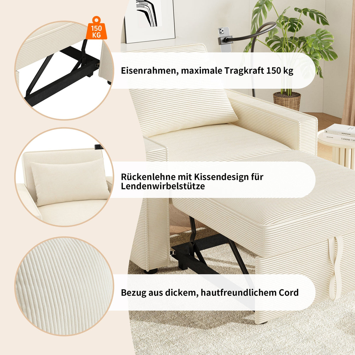Multifunctional Foldable Sofa Bed 1-Seater Recliner USB Charging Space-Saving Corduroy Fabric Beige