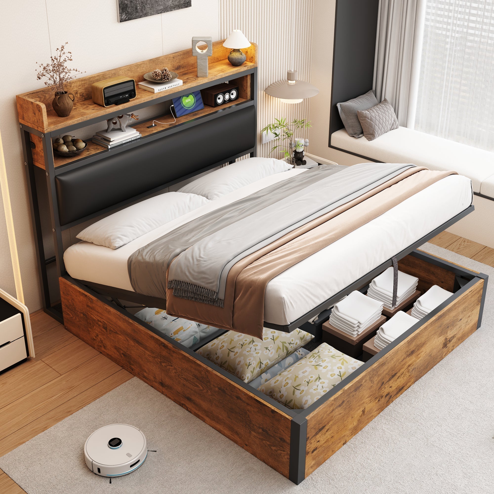 Bed Frame, 140x200, Hydraulic Lift, USB, Upholstered Headboard, Hidden Storage, Wood and Metal, Black