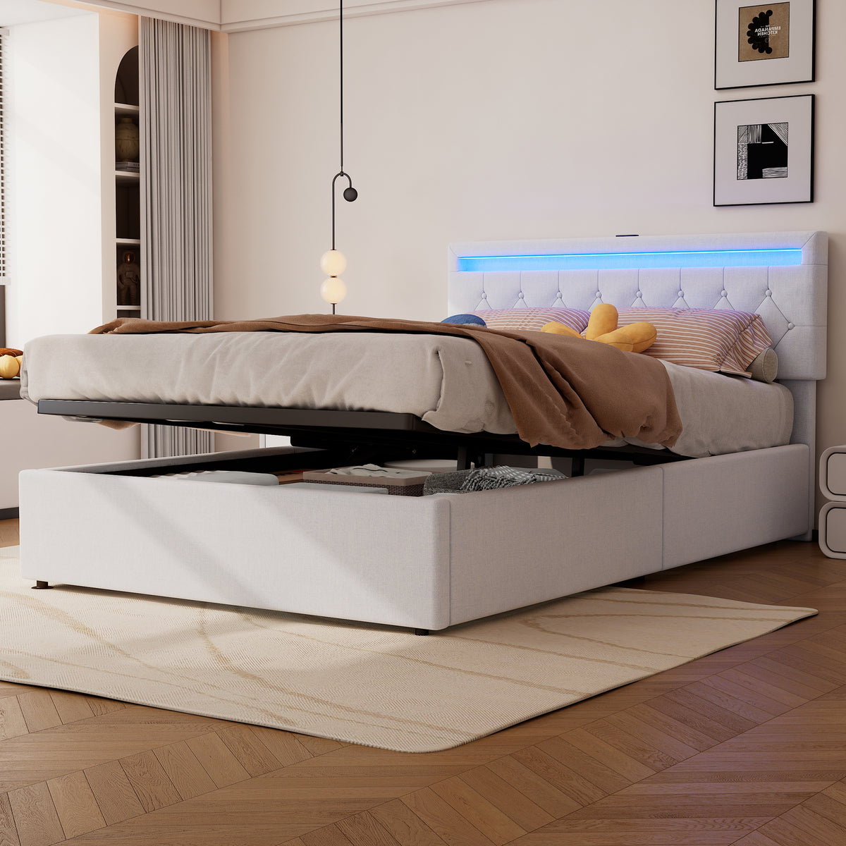Upholstered Flat Bed 140x200cm with Storage & USB - White