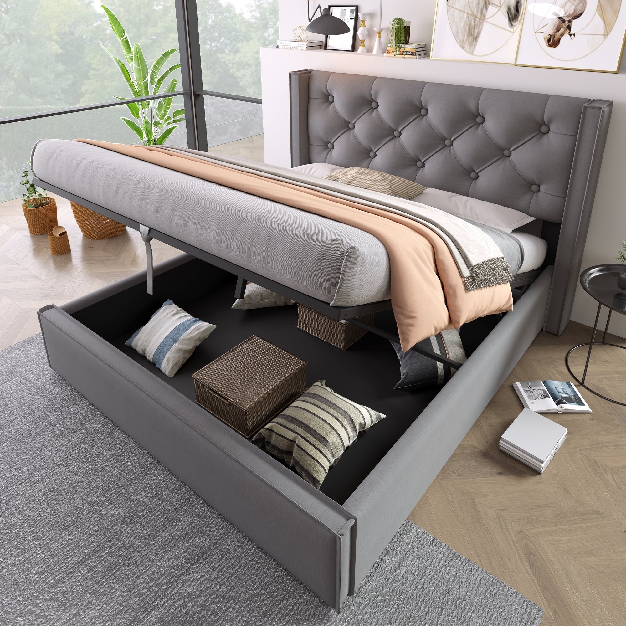 Hydraulic Upholstered Double Bed, 160x200cm, Metal Slatted Frame with Storage, Grey Cotton